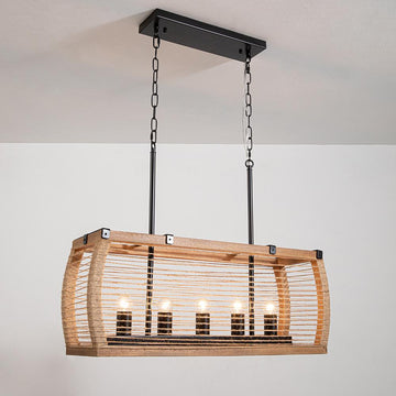 Rustic 5-Light Kitchen Island Linear Rectangle Pendant Light Wood Washed & Jute Rope